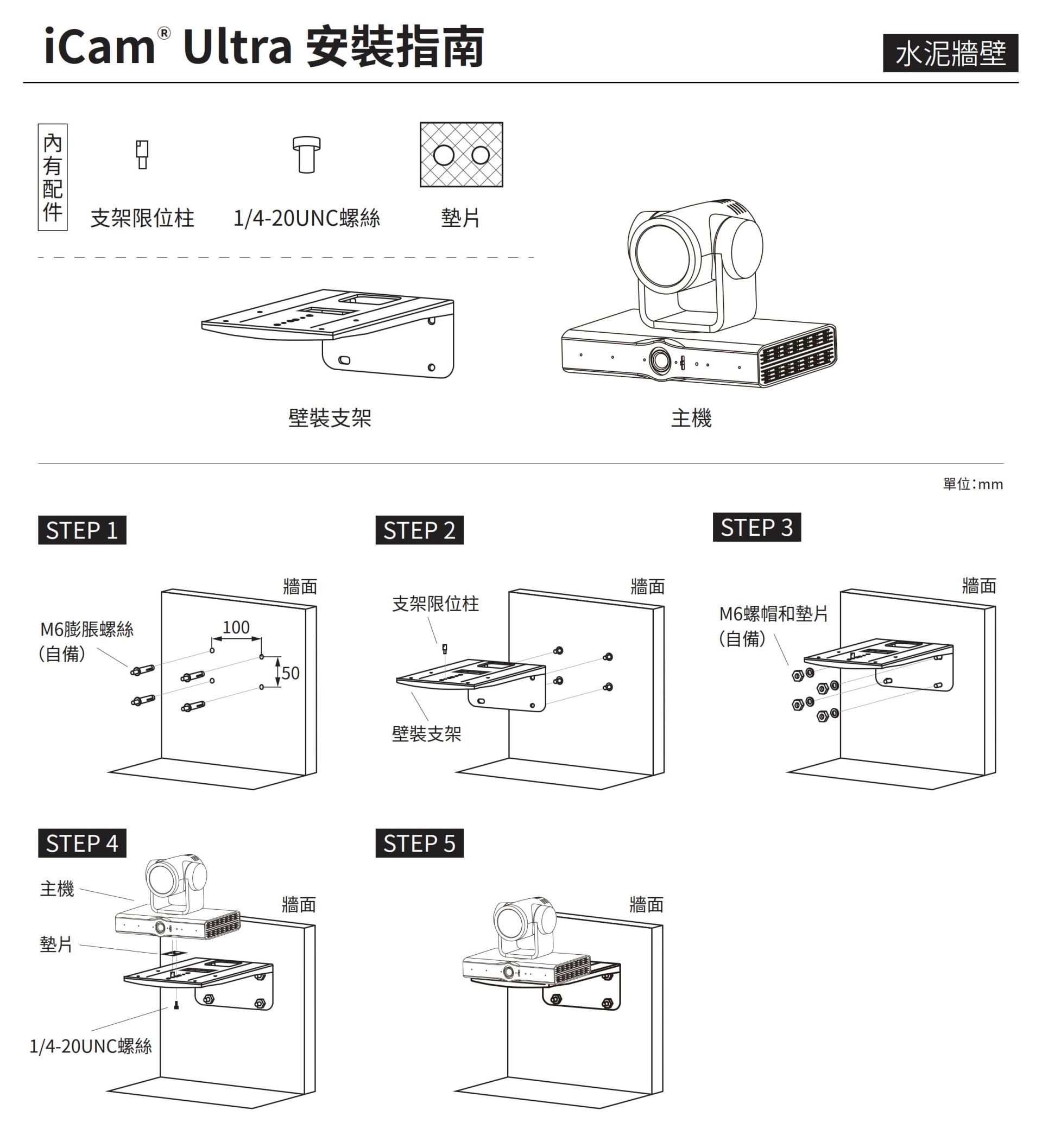 iCam Ultra攝影機安裝於水泥牆壁